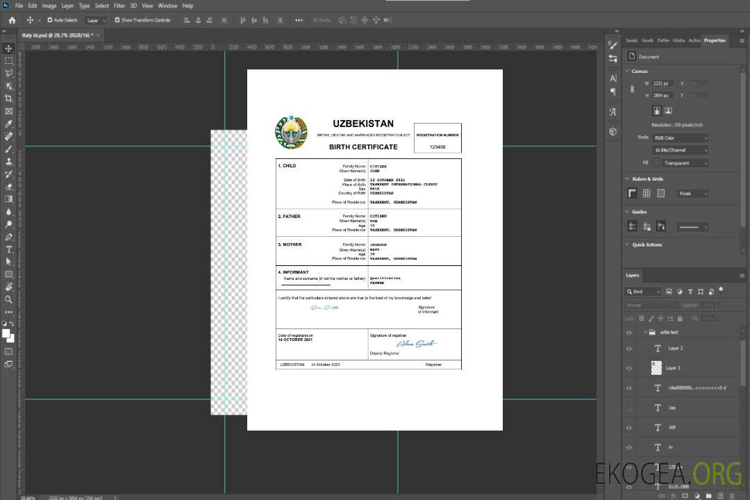 Modèle Word et PDF d'acte de naissance d'acte d'état civil en Ouzbékistan template